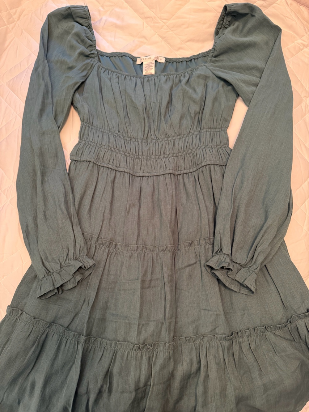 Altar'd State Slate Green Long Sleeve Smocked Waist Dress
